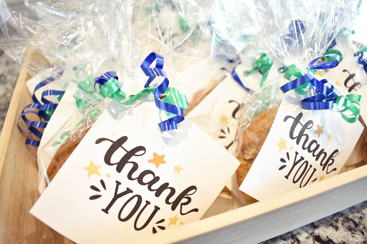 Individually Wrapped Cookies in a Wood Tray with Thank You Message